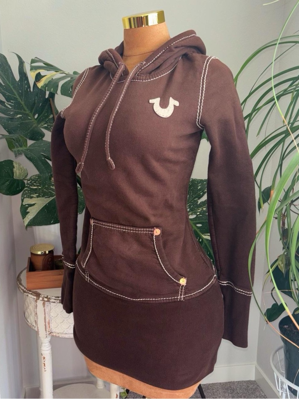 True Religion Brown Longline Hoodie Tunic Size M